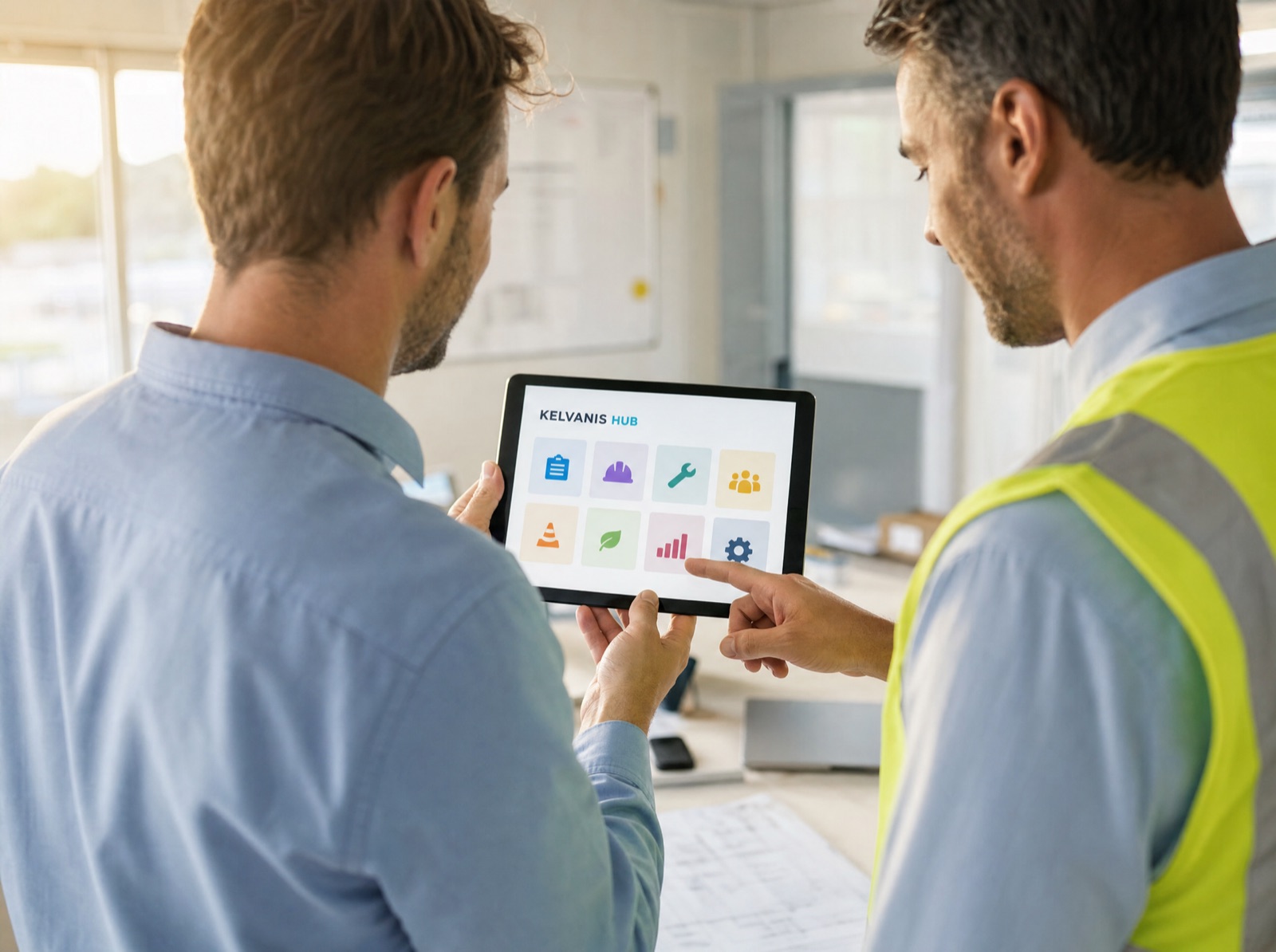 Two colleagues reviewing the Kelvanis Hub on a tablet